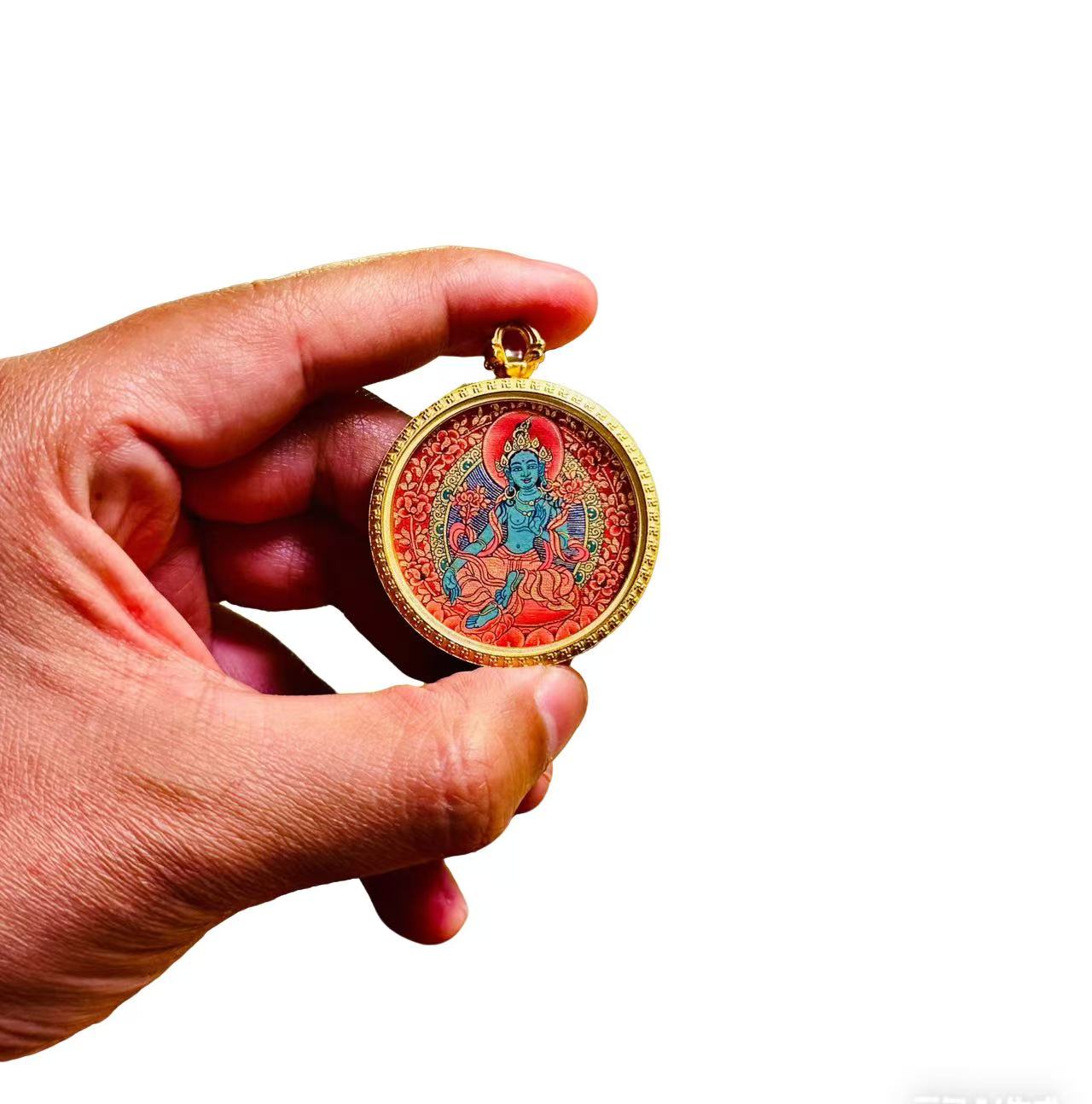 |Green Tara Red Thangka Pendant |Tibetan Thangka Pendant Necklace | Traditional Hand-Painted Tibetan Cultural Art Jewelry | Natural Mineral Pigments | Limited Edition Craft|