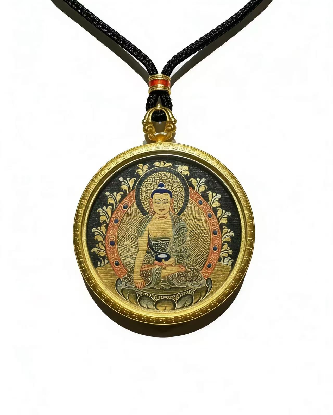 Shakyamuni Black-Gold Thangka Pendant | Tibetan Thangka Pendant Necklace | Original Handmade Traditional Tibetan Cultural Art Jewelry | Hand-Painted with Natural Mineral Pigments | Limited Edition Artisan Craft