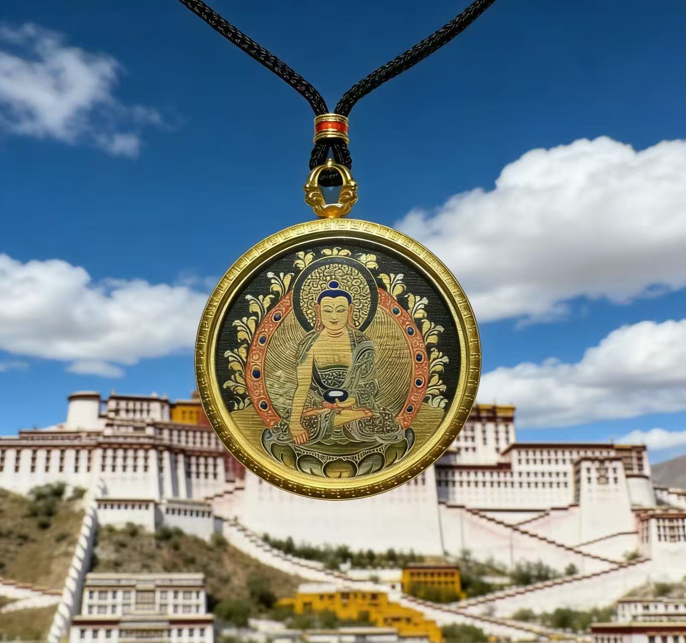 Shakyamuni Black-Gold Thangka Pendant | Tibetan Thangka Pendant Necklace | Original Handmade Traditional Tibetan Cultural Art Jewelry | Hand-Painted with Natural Mineral Pigments | Limited Edition Artisan Craft