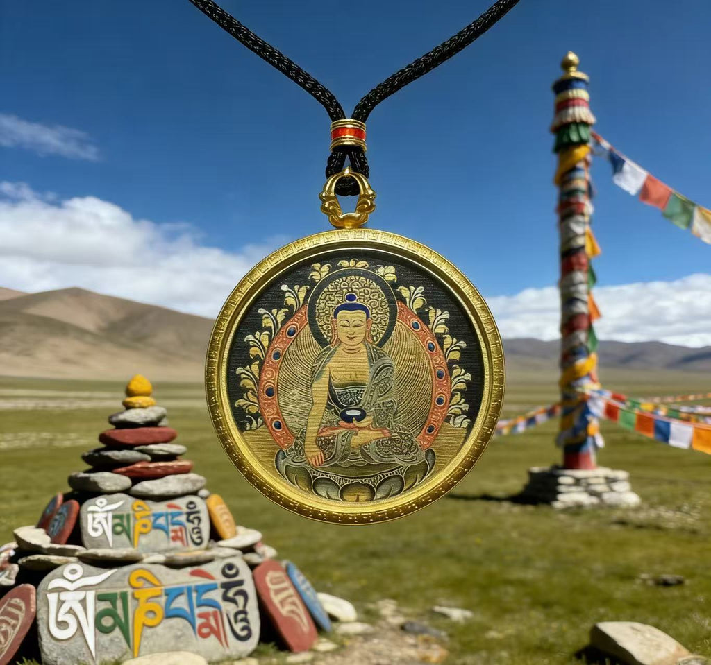 Shakyamuni Black-Gold Thangka Pendant | Tibetan Thangka Pendant Necklace | Original Handmade Traditional Tibetan Cultural Art Jewelry | Hand-Painted with Natural Mineral Pigments | Limited Edition Artisan Craft