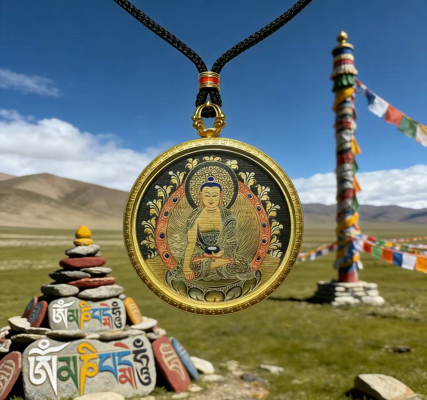 Shakyamuni Black-Gold Thangka Pendant | Tibetan Thangka Pendant Necklace | Original Handmade Traditional Tibetan Cultural Art Jewelry | Hand-Painted with Natural Mineral Pigments | Limited Edition Artisan Craft