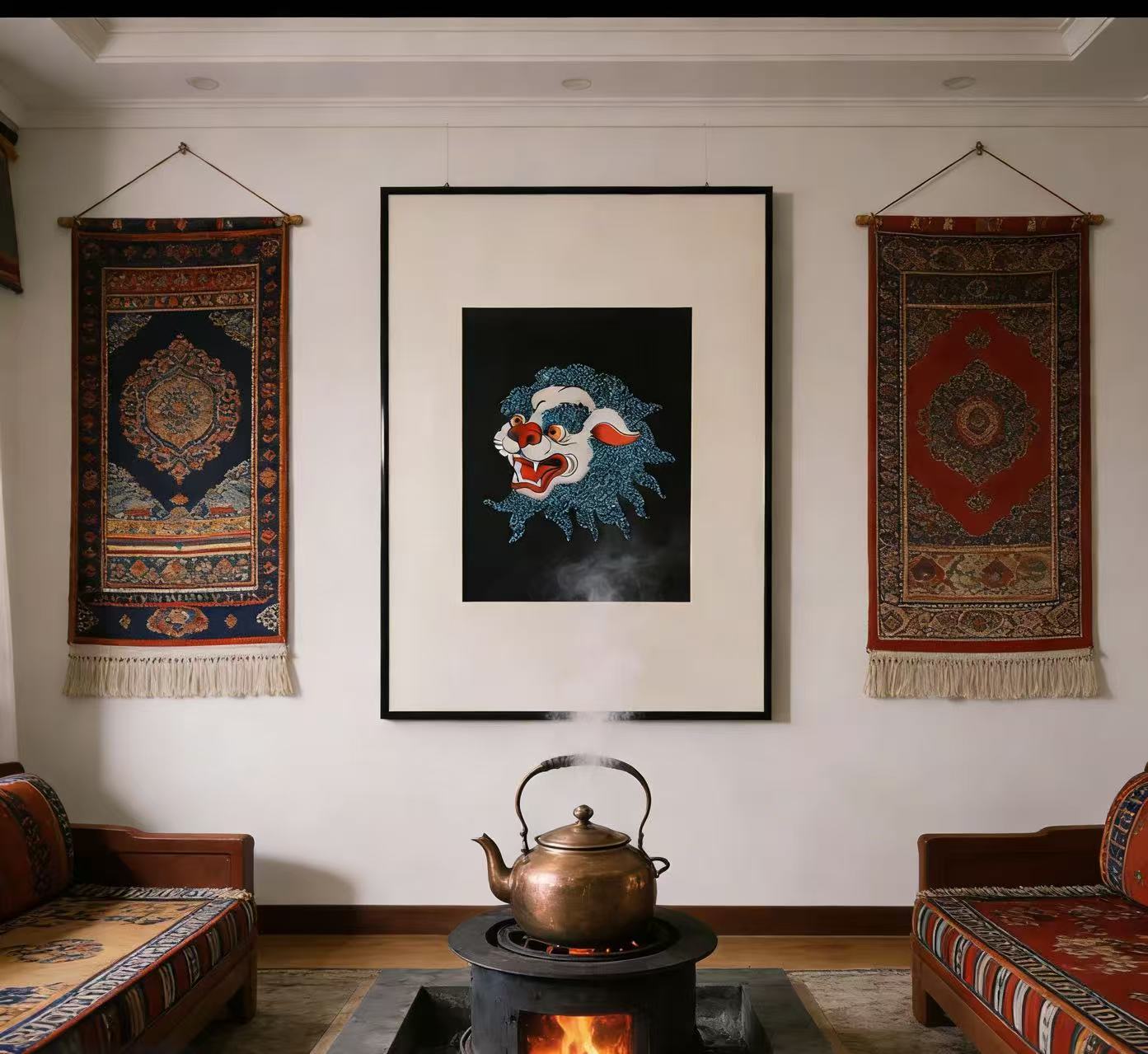 Tibetan Style Handmade Snow Lion Wall Art - Turquoise-Inspired Handcrafted Hanging Painting for Home Decor (Traditional Tibetan Art, Living Room/Study Room Decoration)