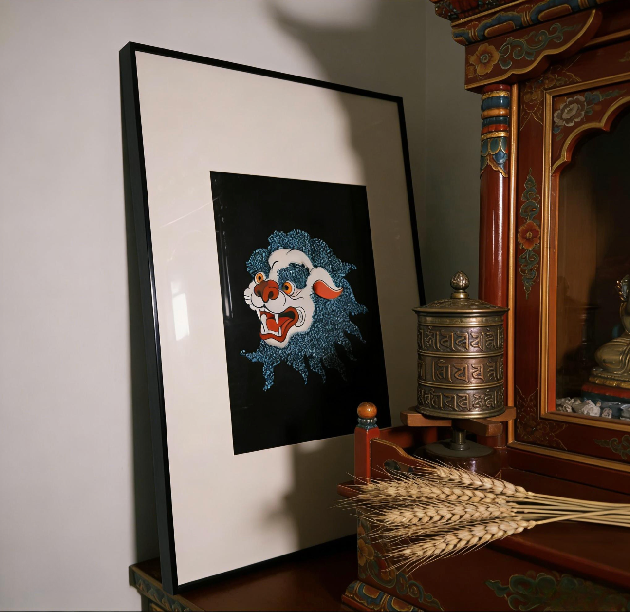 Tibetan Style Handmade Snow Lion Wall Art - Turquoise-Inspired Handcrafted Hanging Painting for Home Decor (Traditional Tibetan Art, Living Room/Study Room Decoration)