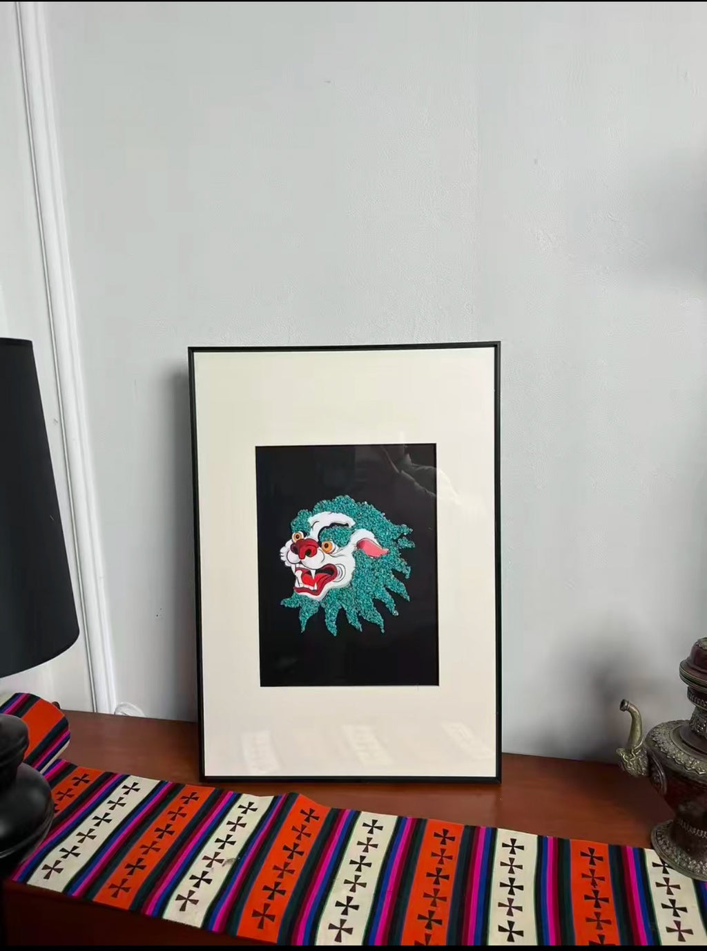 Tibetan Style Handmade Snow Lion Wall Art - Turquoise-Inspired Handcrafted Hanging Painting for Home Decor (Traditional Tibetan Art, Living Room/Study Room Decoration)