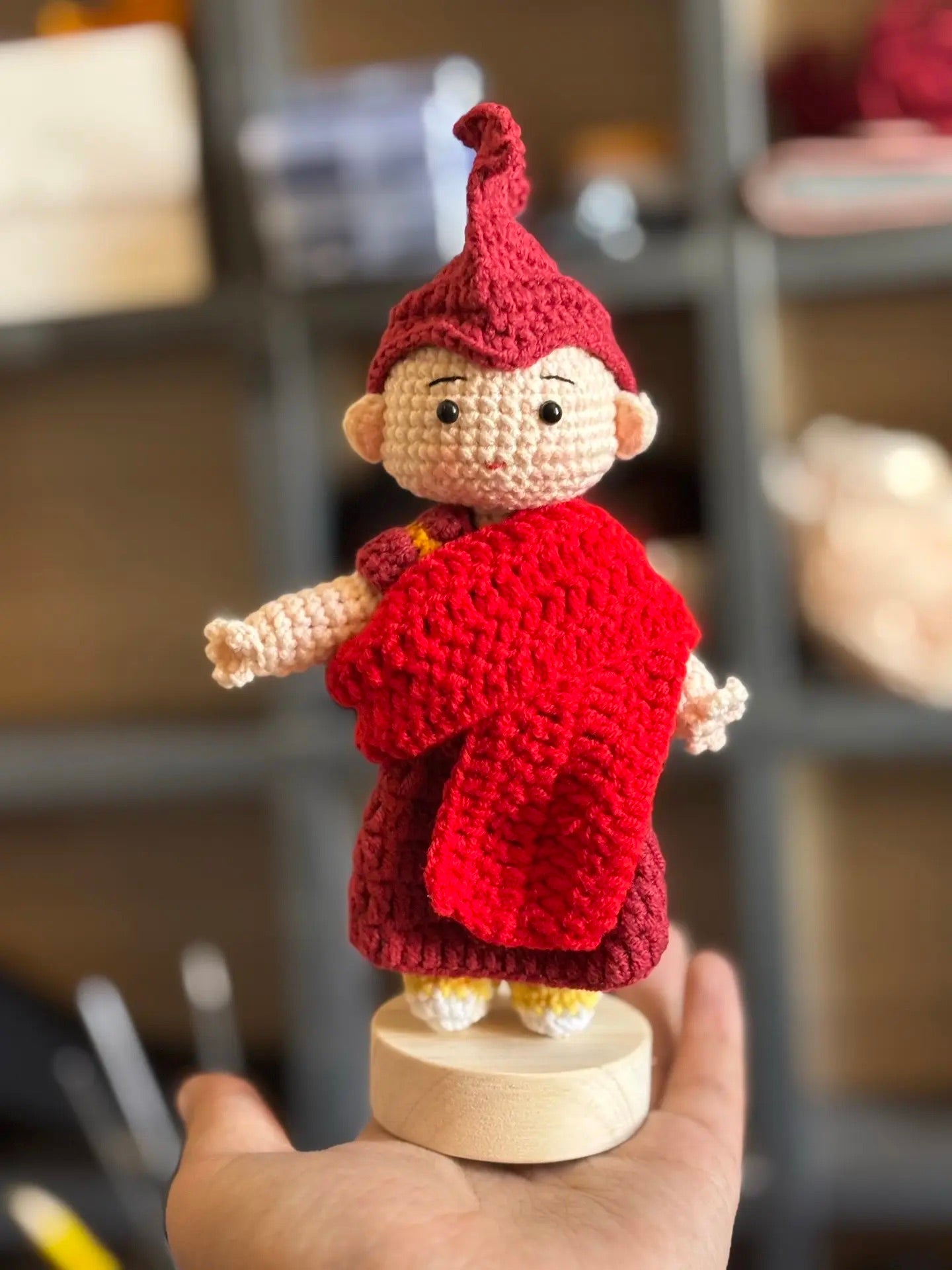Handmade Crochet Tibetan Little Monk Figurine, Traditional Cultural Desk Ornament, Cute Handcrafted Spiritual Decor Gift