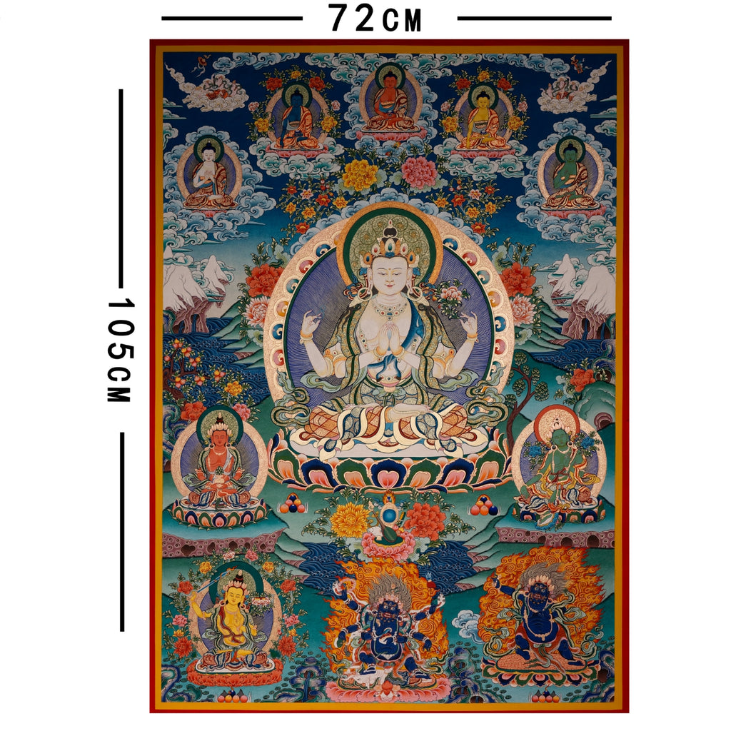 Hand-Painted Tibetan Thangka | Avalokiteshwara| Collectible Tibetan Art, Traditional Wall Decor for Home & Meditation Space