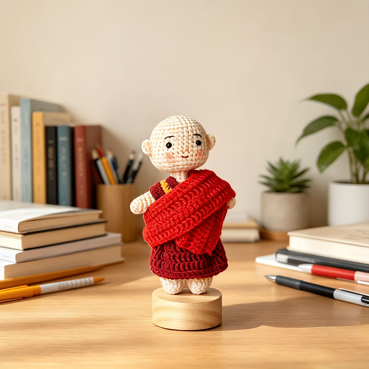 Handmade Crochet Tibetan Little Monk Figurine, Traditional Cultural Desk Ornament, Cute Handcrafted Spiritual Decor Gift