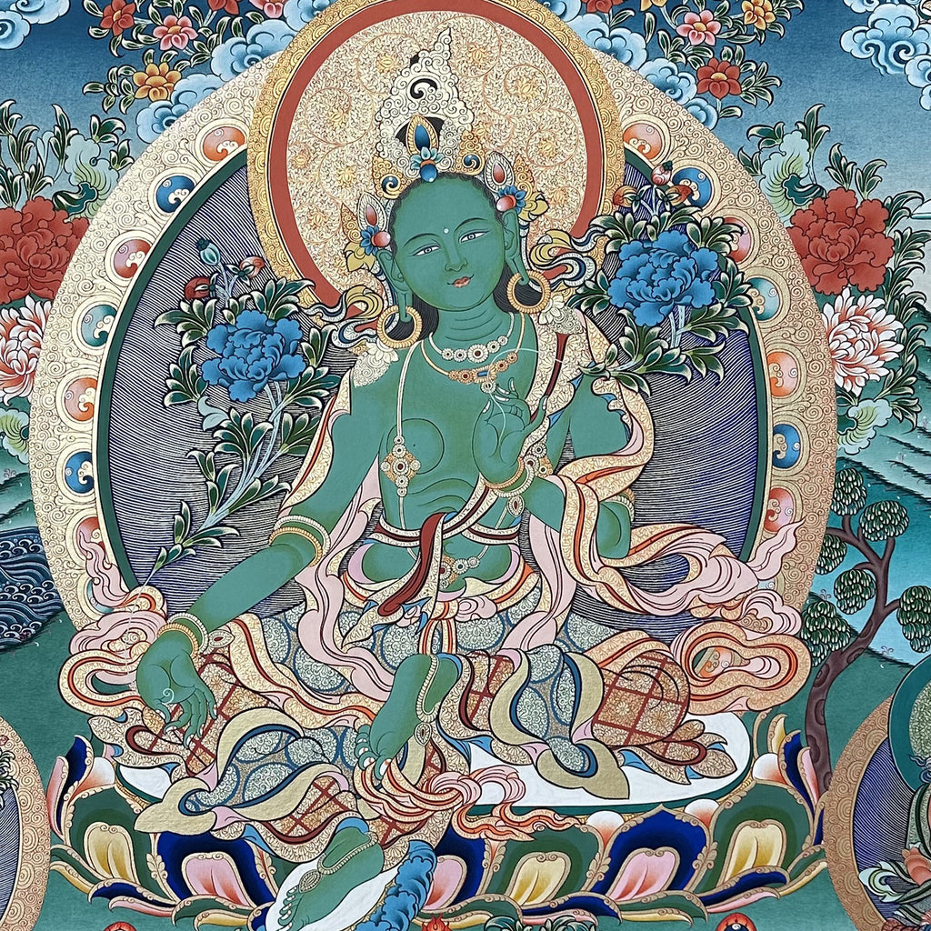 Hand-Painted Tibetan Thangka | Green Tara | Collectible Tibetan Art, Traditional Wall Decor for Home & Meditation Space