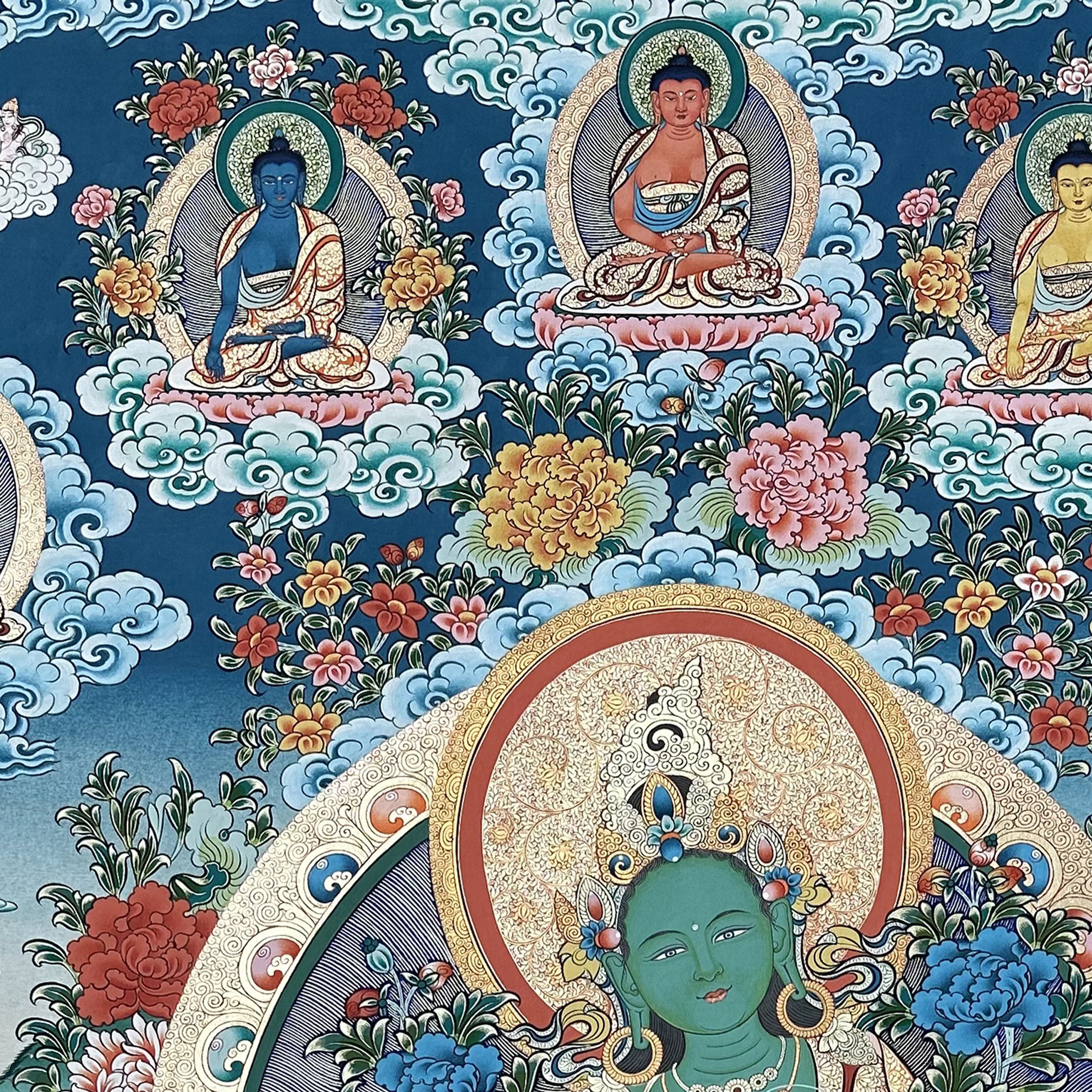 Hand-Painted Tibetan Thangka | Green Tara | Collectible Tibetan Art, Traditional Wall Decor for Home & Meditation Space