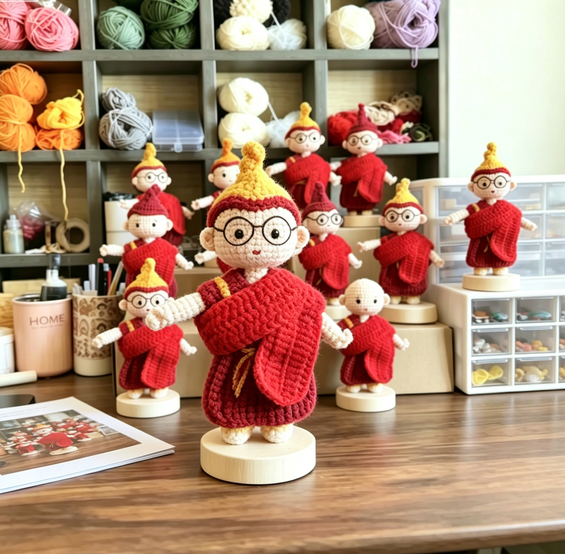 Handmade Crochet Tibetan Little Monk Figurine, Traditional Cultural Desk Ornament, Cute Handcrafted Spiritual Decor Gift